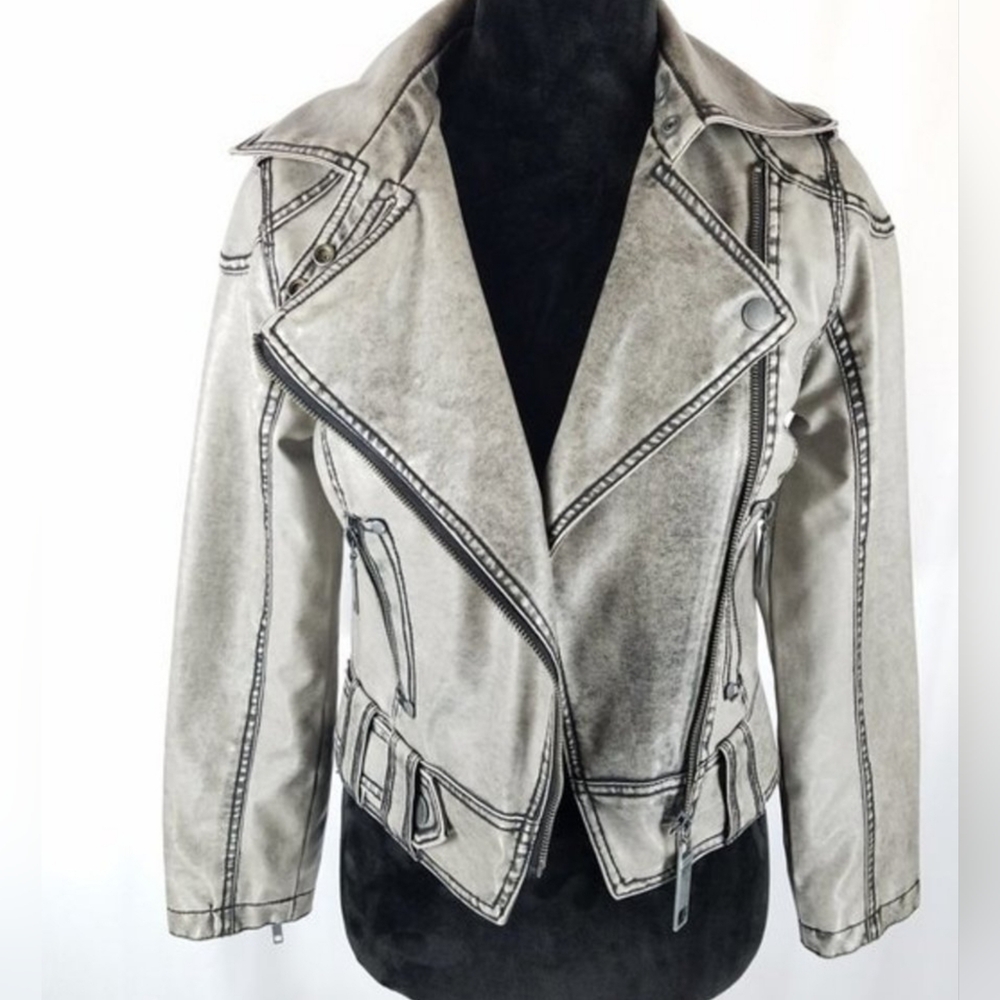 Grey Patina Vegan Leather Biker MOTO Jacket By Charlotte Russe Sz S